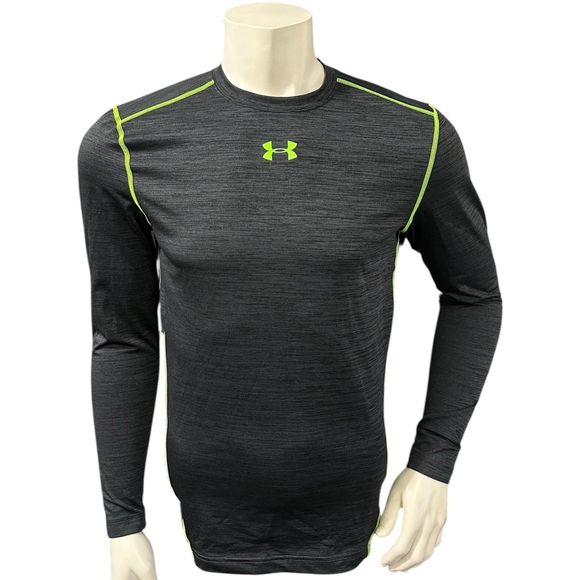 Under Armour Men’s Lomg Sleeve Shirt Gray Neon Green Logo Compression L - Picture 1 of 6